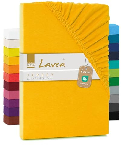 Lavea® Spannbettlaken 140x200cm-160x200 - aus atmungsaktiver Baumwolle - Passgenau für Standardmatratzen bis 20cm - Goldgelbes Bettlaken mit Gummizug - Jersey Spannbetttuch 140x200cm-160x200