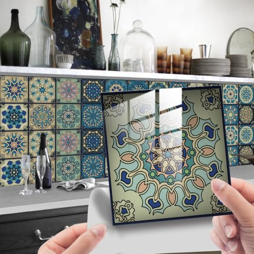 25pc Tile Stickers,Retro Traditional Wall Tile Transfers Stickers Self-Adhesive Peel and Stick Waterproof Kitchen Bathroom DIY Backsplash (6x6in,15x15cm)