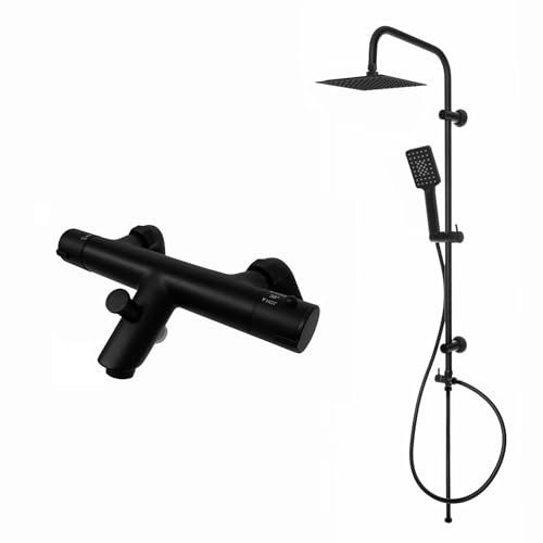ENKI BBT0251 Dune Thermostatic Deck Mounted 200mm Rigid Riser Kit, Black | Solid Brass, Easy Install, Fittings Included, 1-Year Guarantee, Rainfall Shower Head, Body Jets, Handset & Hose, Bathroom