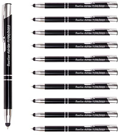 Pack 30 bolígrafos PERSONALIZADOS con tu nombre o texto | Brila Negro | Puntero para dispositivos móviles | Grabado a láser | Lote bolígrafos publicitarios, bodas, comuniones, merchandising…