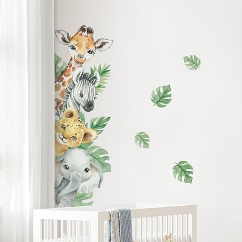 Tanlaby Jungle Animal Wall Stickers Cartoon Animal Wall Decals Giraffe Zebra Elephant Green Leaves Wall Art Sticker for Kids Baby Nursery Bedroom Playroom Kindergarten Wall Decor