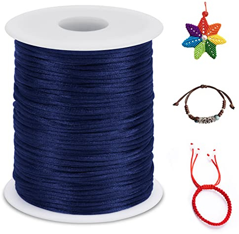 LEREATI Cola de Raton 2mm x 100m Cuerda Nylon Cordón de Satén Nailon, Hilo Macrame para Hacer Pulseras, Reborde, Joyería, Anudado Chino (Azul Oscuro)