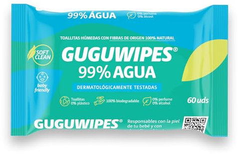 Guguwipes Toallitas húmedas para bebé 99% agua sin plástico - 60uds - Fibras origen 100% natural