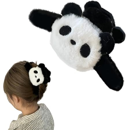 1-Pack Black Plush Panda Double-Sided Hair Claw Clip - Large Bear Hair Claw Clips - Cute Animal Hair Accessory for Women and Girls - Fluffy Plush Bear Hair Catch Barrette Jaw Clamp for Women Girls