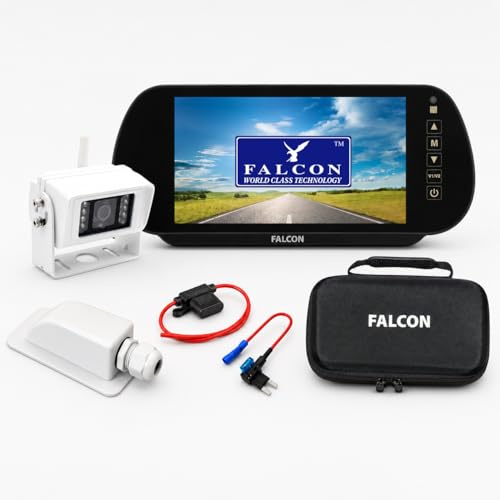 Falcon Full HD Rückfahrkamera Kabellos mit 7-Zoll Spiegelmonitor - Digitale Funk Kamera 2,4 GHz für Auto, Wohnwagen, Wohnmobil & LKW - Bis zu 40m Übertragung, Nachrüsten von Transportern Auto Zubehör