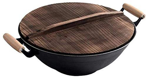 OQHAIR Padelle Wok Professionale in Ferro Non Rivestito con Manico in Legno, 32 cm (32 cm)