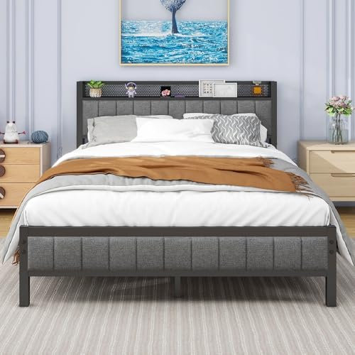 MOFLUT Double Bed Frame with Wooden Storage Headboard Shelf, 4ft6 Upholstered Bed Frame Doule Bed with Metal Slats Enhanced Support, No Box Spring Needed, Gray Double Bed