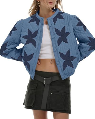 Gacaky Women Lightweight Floral Embroidered Quilted Jacket Winter Coat