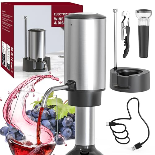 CIRCLE JOY Elektrischer Weinbelüfter-Ausgießer Wiederaufladbarer One-Touch-Weinkaraffe mit Aufbewahrungsboden, Korkenzieher und Vakuum-Weinstopfen, Weinspender-Geschenke für Weinliebhaber, Silber