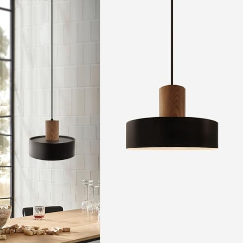ouglres Lampada a Sospensione In Legno,Lampadario Cucina Moderna Nera,Paralume In Metallo 25cm,Grandi Lampada Sospensione Industriale E27 per Sala Da Pranzo,Comodino In Camera Da Letto,Soggiorno,1pcs