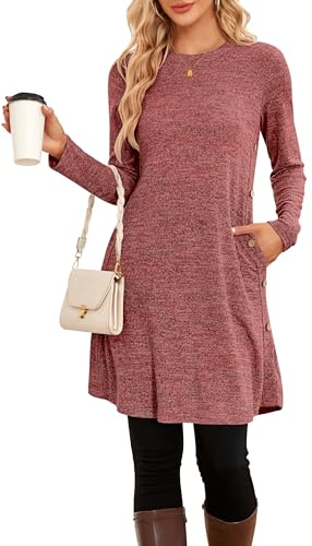 SENBATU Abito Maglione da Donna Abiti a Maniche Lunghe per Donna Abito a Tunica con Bottoni Laterali con tascheRossoxx-Large