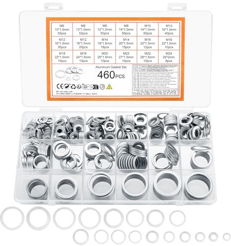 460 Pezzi Rondella Piatta, Rondelle Piatte per Viti, Rondelle in Alluminio, Guarnizioni Rondelle per Tubi di Scarico Olio per Riparazione Idraulica Auto, M6 M8 M10 M12 M14 M16 M18 M20 M22 M24