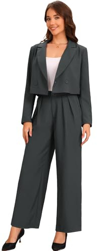 Allegra K Damen 2-Teiliges Set Business Outfit Revers Kurze Jacke Hose Mit Weitem Bein Arbeitsanzug Dunkelgrau L