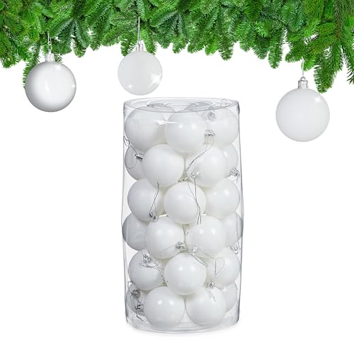 Relaxdays Weihnachtskugeln im 30er Set, Kunststoff, D: 6 cm, runde Weihnachtsbaumdeko, Baumschmuck bruchsicher, weiß