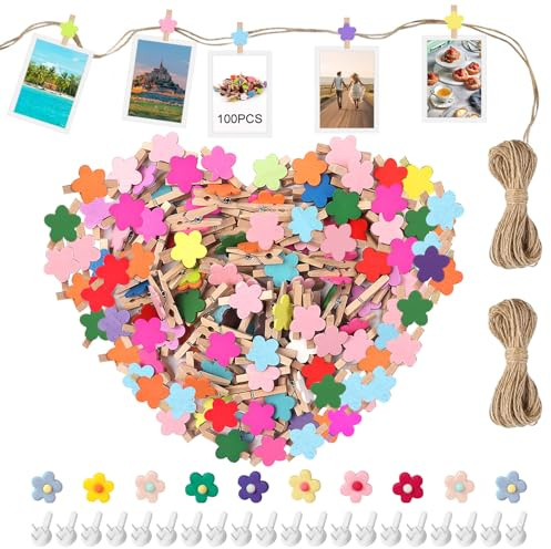 NVGVUP 100 Stück Mini Holz Wäscheklammern, Holzklammern Klein, Deko Klammern für DIY Fotowand, Hochzeit, Party Deko, Adventskalender, Holzwäscheklammern mit 10 Blumen-Reißzwecken(Bunte Blumen)