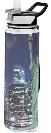 Mnsruu Transparente Sport-Wasserflasche mit Strohhalm, auslaufsichere Trinkflasche, Manhattan Skyline, New York City, Fahrradflaschen für Sport, Büro, Schule, BPA-freier Tritan-Kunststoff, 1 Liter