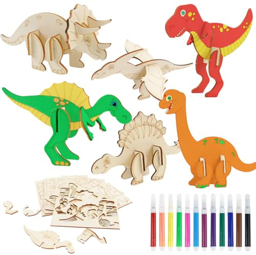 Augesak Dinosaurier Holz Bastelset, 24 Stück Dino Bastelset zum Bemalen und Basteln DIY, 3D Puzzle Dino Holzbastelsets Geburtstag, Dinosaurier Holz Basteln Geburtstag Handwerk