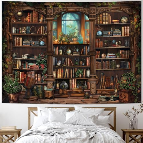 Leofanger Vintage-Bücherregal-Wandteppich, Mittelalterliches Kunstbuch, Wandbehang für Heimdekoration (150 x 199,9 cm)