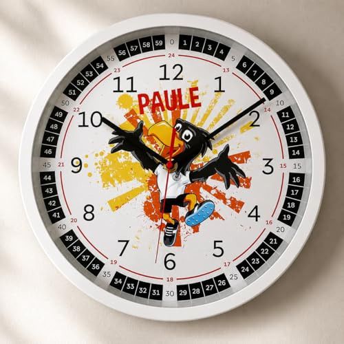 K&L Wall Art DFB Fußball Wanduhr mit Lernzifferblatt Jungenzimmer Wanduhren lautlos Kinderlernuhr Maskottchen Paule 30cm