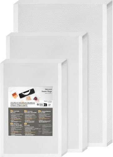 Sacchetti Sottovuoto Alimenti 150 Buste 15x25cm&20x30cm&28x40cm, Buste Sottovuoto Alimenti per Macchina Sottovuoto e Cottura Sous Vide, Sacchetti Goffrati per Conservazione Alimenti, Senza BPA