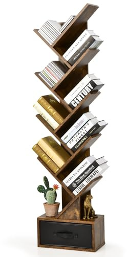 FANTASK Bücherregal mit Schublade, 8-stöckiges Standregal, Regal in Baumform, CD- und DVD-Regal, für Schlafzimmer, Wohnzimmer und Heimbüro, 38 x 21,5 x 149,5 cm (Rustikales Braun)