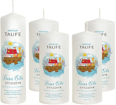 Liamoria® Taufkerze Junge mit Name und Datum Arche Noah in Blau 25 cm inkl. Taufspruch mit 4 Patenkerzen Lange Brenndauer in weißer Farbe - die perfekte Taufkerzen für Jungen
