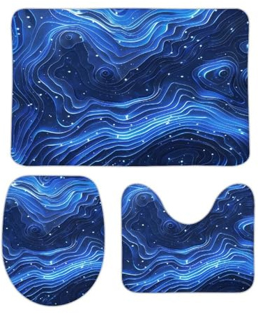 ERKSOUKA Badezimmerteppich-Set, 3-teilig, elektrisches blaues Muster, Badezimmermatte, Bad-Set, rutschfest, ultraweich, saugfähig, mit U-förmigem WC, für WC, Badematten-Set