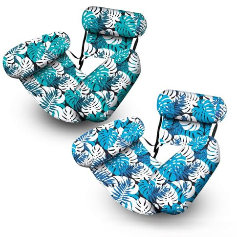 Exquisite Palm Leaf Inflatable Pool Chair for Adults - Tropical Themed Lightweight Foldable PVC Floating Lounger, Ideal for Summer Relaxation at Beaches and Pools (Blue+Green)