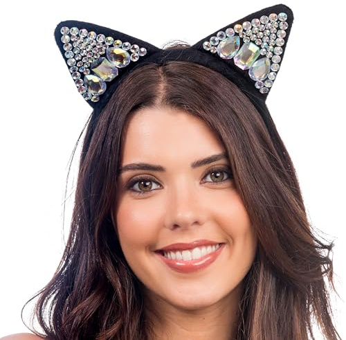 Chaks - Katzen Haarreif mit Strasssteinen, Kostüm Accessoire | Glitzernde Katzenohren für Tier Kostüm und Verkleidung, Karneval und Festival, Schwarzes Design