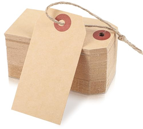 100 PCS Brown Tags with String, Marking Paper Hang Tags Attached Reinforced Hole,Writable Blank Price Gift Tag for All Occasions 2.75 x 1.37 Inch