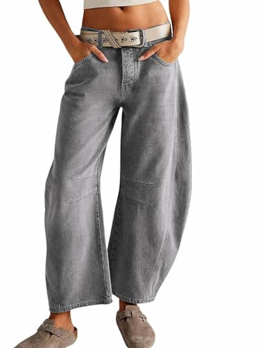 Womens Stretchy Mid Rise Barrel Jeans Vintage Loose Wide Leg Cropped Denim Pants Y2k Baggy Boyfriend Jeans (X-Small,Grey)