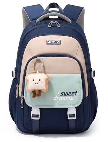 Amythe Schulrucksack Teenager - Schulranzen Mädchen ab 5. Klasse, Blau | 30L Großer, Leichter Rucksack für Mittel- und Oberstufe, Lässiger Kinderrucksack mit Süßem Anhänger und Trolleyband