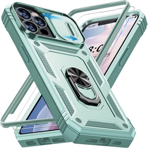 Giyer Handyhülle für iPhone 12 Pro Max Hülle mit Schutzfolie, Panzerhülle Case mit Kameraschutz 360° Metall Ring Ständer Stoßfest Bumper Schutzhülle für iPhone 12 Pro Max Cover Tache (Mintgrün)