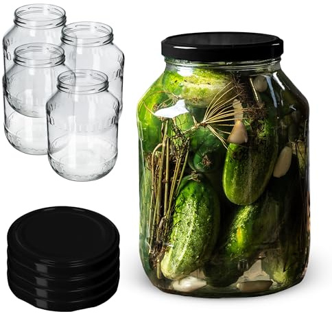 KADAX 4er Set Einmachgläser 2,5L mit TO100 Schraubdeckel, Einmachglas zum Einlegen, Konservengläser, Sturzglas, Vorratsglas, große Gurkenglas, Konservenglas (Schwarz Deckel)