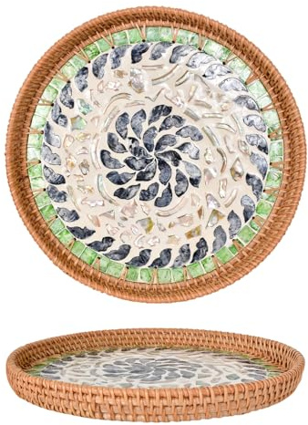 Tablet Serviertablett Round Rattan, Vassoio Rotondo in Rattan con Madreperla, Intrecciato a Mano Piatto da Porta, per Caffè, Bevande, Colazione, Tè e Frutta, 30 cm (turca)