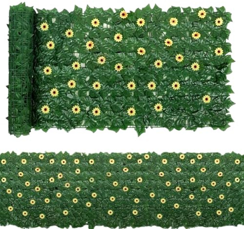 Efeu- -Sichtschutz, 1 x 3 m, künstliche Privatsphäre, Heckenzaun, Grünpflanze, Ranke, Grasplatten mit 96 Sonnenblumen, Gartendekoration für Wand, Wohnung,