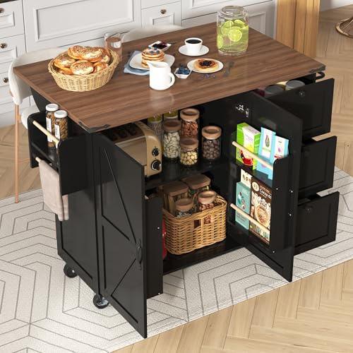 Küchenschrank mit Klappbarer Arbeitsplatte, Kücheninsel freistehend auf 5 Rollen und 3 Schubladen Mobiler Sideboard Storage küchenschränke für Küche und Esszimmer 120x45-73x92.5cm(Schwarz C)