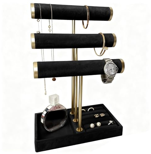 Granbest 3-Ebene Schmuck Organisator Stand, Abnehmbarer Samt & Metall Armband Halter mit Ringlagerbereich, Schmuckhalter Anzeige Rack für Halsketten, Ohrringe, Armbänder, Ringe (Schwarz)