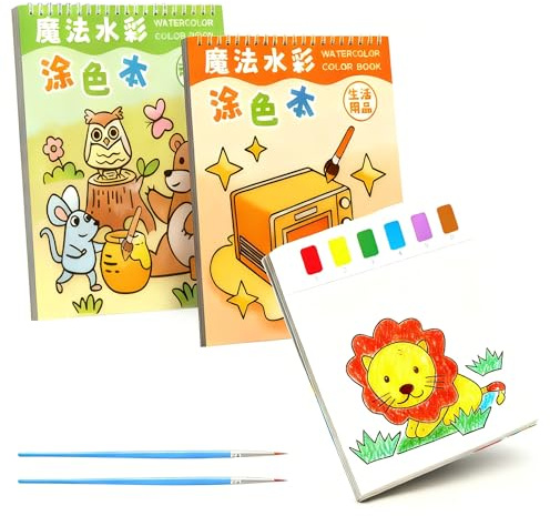 2 Pcs Water Colouring Book Magic Painting Book Set, Mess Free with Paints, Paint by Numbers, Washable for 3-8 Year Old Boys Girls, Art Birthday Gifts (Animals + Daily Supplies)