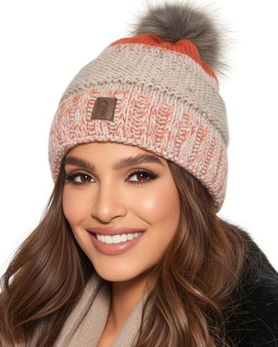 Baesics Bommelmütze Damen Herren - Wintermütze Kunstfell Bommel warm | Mit flauschigem Pompon und weichem Fleecefutter, Größe ca. 54-58 cm, Strick aus der EU. Warm für Herbst, Winter und als