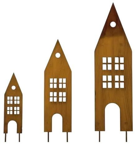 KLINNA 3er Set Gartenstecker Häuser aus Edelrost Metall | Stabile Rost Deko für Garten, Beet & Balkon | Weihnachtsdeko Garten Haus als Gartendeko mit Rostoptik, Wetterfest & Langlebig