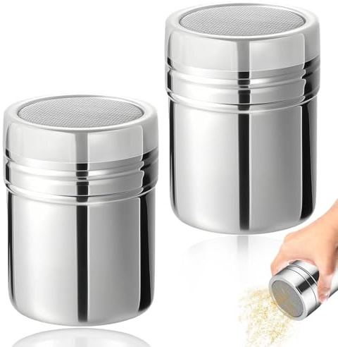 ATTEEFI 2 Piezas Espolvoreador de Azúcar Glas, 304 Agitadores de Polvo de Acero Inoxidable, Plateado, Gran Espolvoreador Canela, con Tapa a Prueba de Humedad, para Sal y Café en Polvo