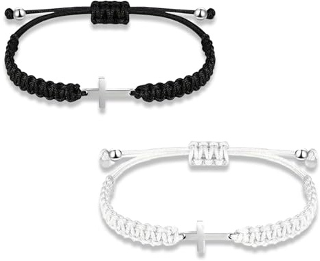 fKiZanthene Kreuz Armband Set aus Baumwollkordel in Schwarz und Weiß, Paar Armbänder mit Kreuz Design für Herren und Jugendliche im Alltag oder in der Freizeit