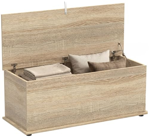 HOMCOM Baúl de Almacenaje, Banco de Almacenaje, Banco Zapatero con Bisagra de Seguridad, Estilo Moderno, para Pasillo, Dormitorio, Salón, 100x40x40 cm, Roble