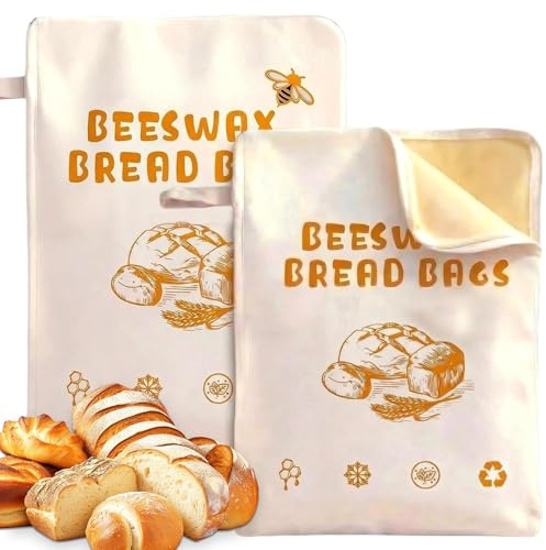 2 Pack Extra Large Beeswax Bread Bags with Zip Closure | 43cm×33cm Natural Beeswax-Lined Cotton Storage Bags, BeeswaxBread Bag, Bread Bags For Homemade Bread, Baking Gift
