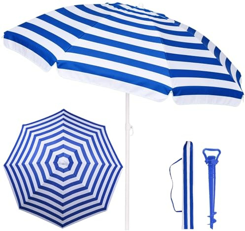 MIMOCASA Sombrilla Playa Grande 220 cm, Protección UV+50, Sombrilla Antiviento, Soporte Metálico, Mástil Inclinable y Regulable Altura, Bolsa Transporte y Soporte Arena