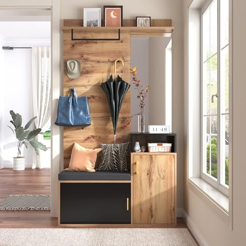Merax Garderoben-Set mit Spiegel & Schuhschrank, Wandgarderobe 191,5x105x40 cm, 4 Kleiderhaken & Garderobenstange, Sitzbank mit Schuhfächern für 9-12 Paar Schuhe, Flurgarderobe, Schwarz + Holz