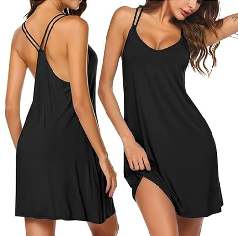 Ekouaer Striped Cotton Nightwear Sexy Nightgown for Women,S-black,Medium