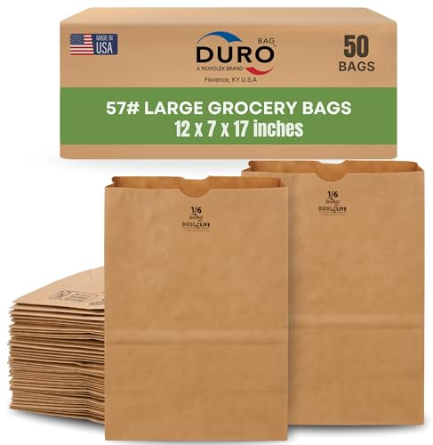 DURO 57# Brown Paper Grocery Bags Heavy-Duty, 12 x 7 x 17 Inches, 50-Count, Large Brown Paper Bags for Grocery Shopping, Food Take-Out, Disposable Kraft 1/6 Sack for Trash & Recycling