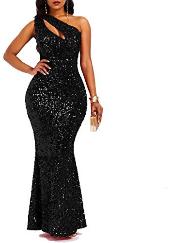 VERWIN Sequins Fashion Sleeveless Oblique Collar Mermaid Women's Maxi Dress Bodycon Dress Party Dress L Black